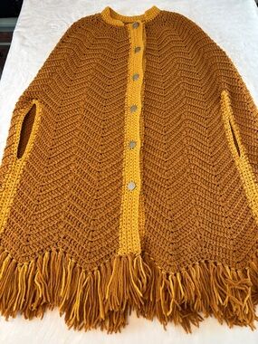 Vintage Handmade Crocheted Fringe Poncho Shawl Rust & Mustard BOHO Festivals